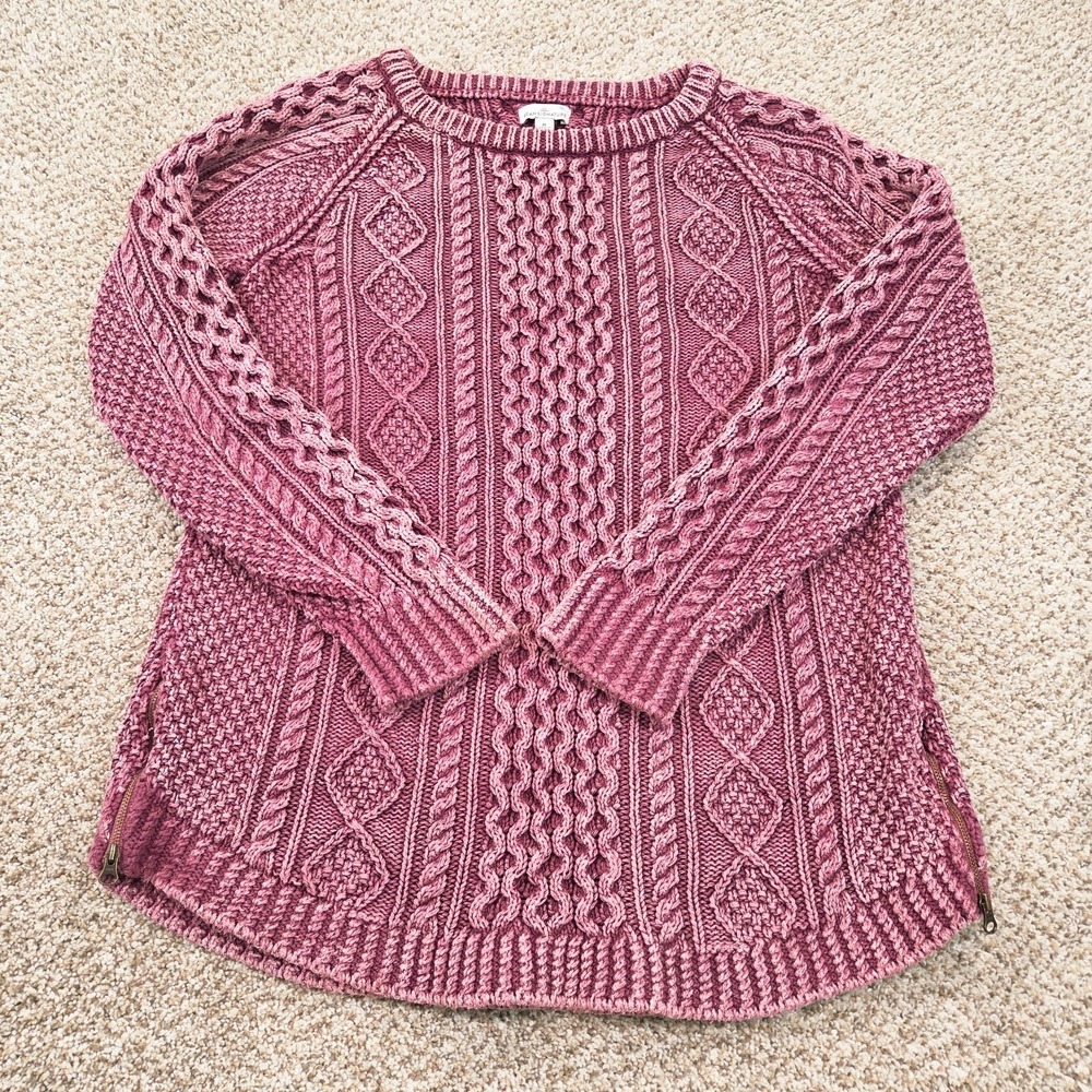 LL Bean Signature Sweater Womens Medium Purple Fisherman Cable Tunic Side Zips